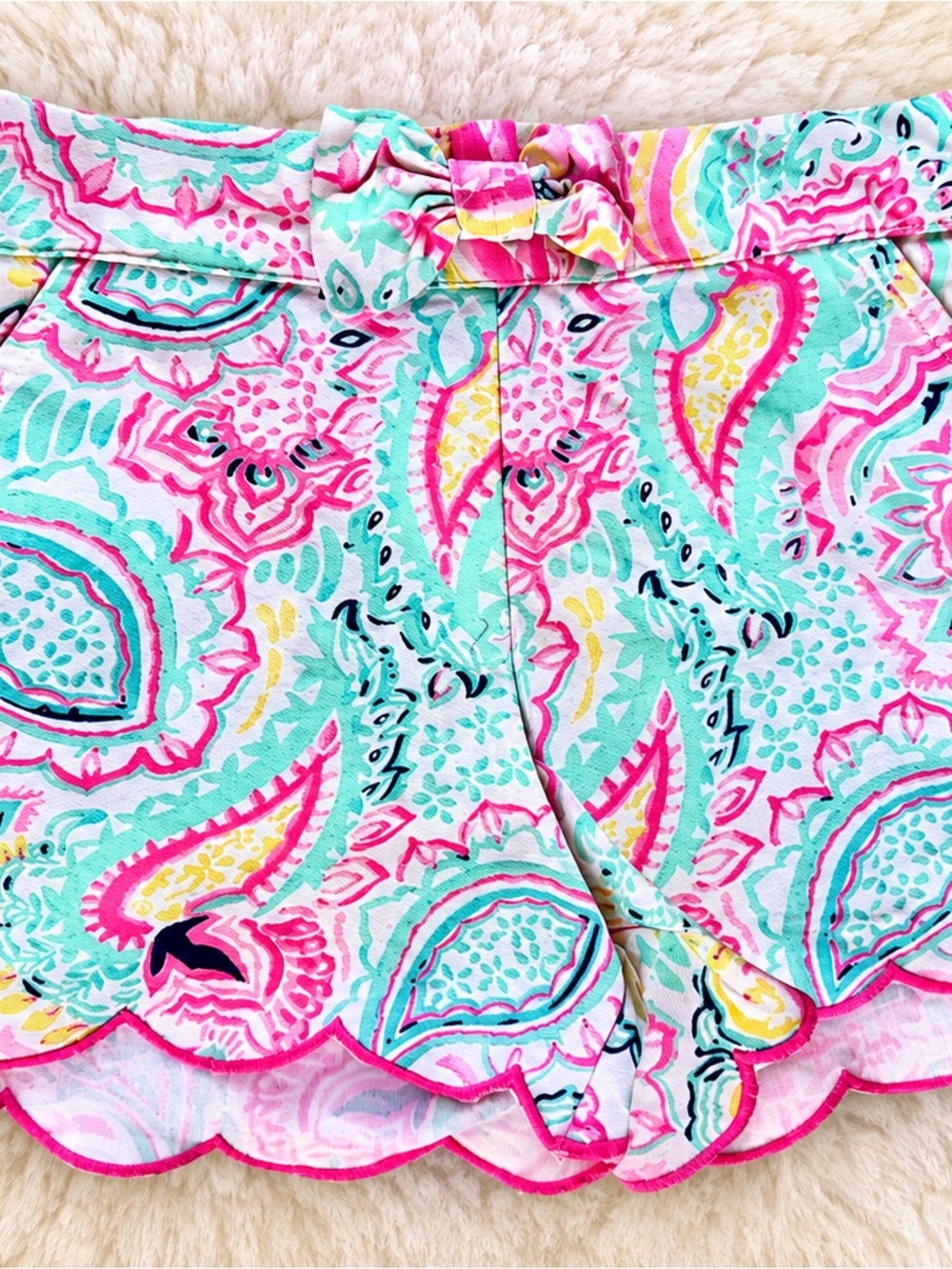crown & ivy Mint and Pink Paisley Scalloped Shorts